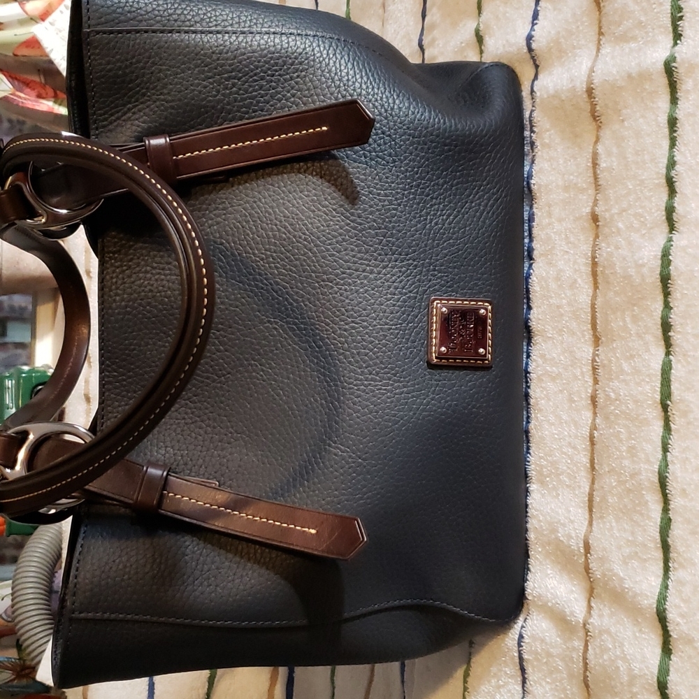 Dooney & Bourke Black Pebbled Leather Tote with Brown Trim